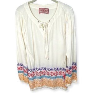 Johnny Was Long Sleeve Tie‎ Neck Embroidered Top Size Large Floral JWLA Bohemian